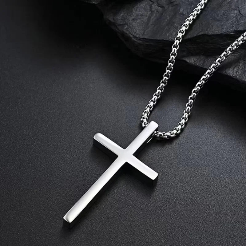 Edelstahl-Kreuzhalskette für Herren und Jungen, silberfarbener schlichter Kreuzanhänger, klassische Hip-Hop-Punk-Schmuck, Geschenk