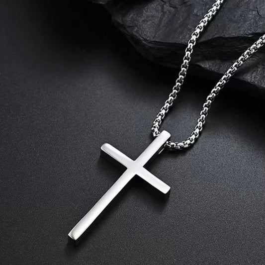 Edelstahl-Kreuzhalskette für Herren und Jungen, silberfarbener schlichter Kreuzanhänger, klassische Hip-Hop-Punk-Schmuck, Geschenk