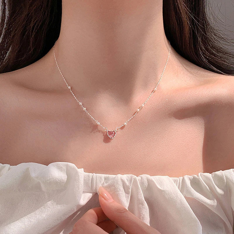 Koreanische Halskette mit rosa Herzform für Damen, modischer glänzender Kristallanhänger, Strasskette, Party-ästhetischer Schmuck, Geschenk