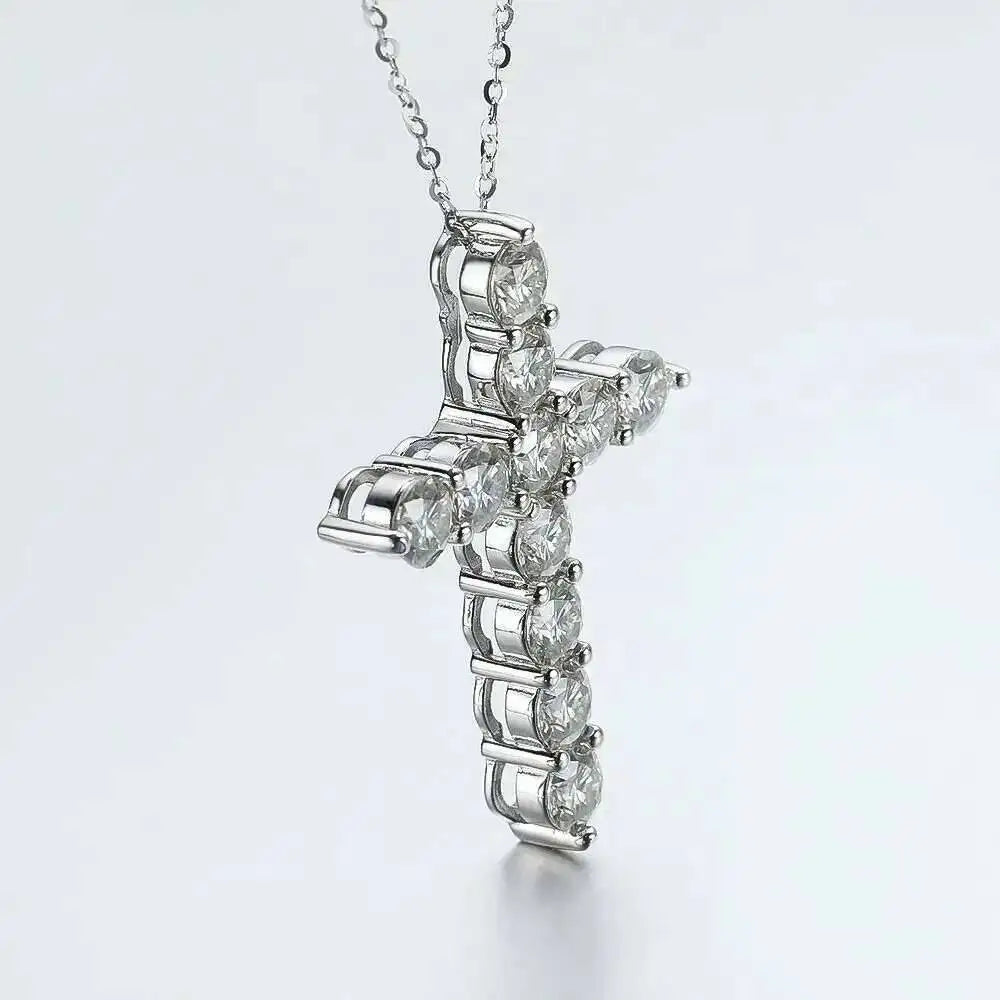 Voller Moissanit-Kreuzanhänger, Original Sterg Silberkette, weißvergoldet, feine Halskette für Damen, Schmuck