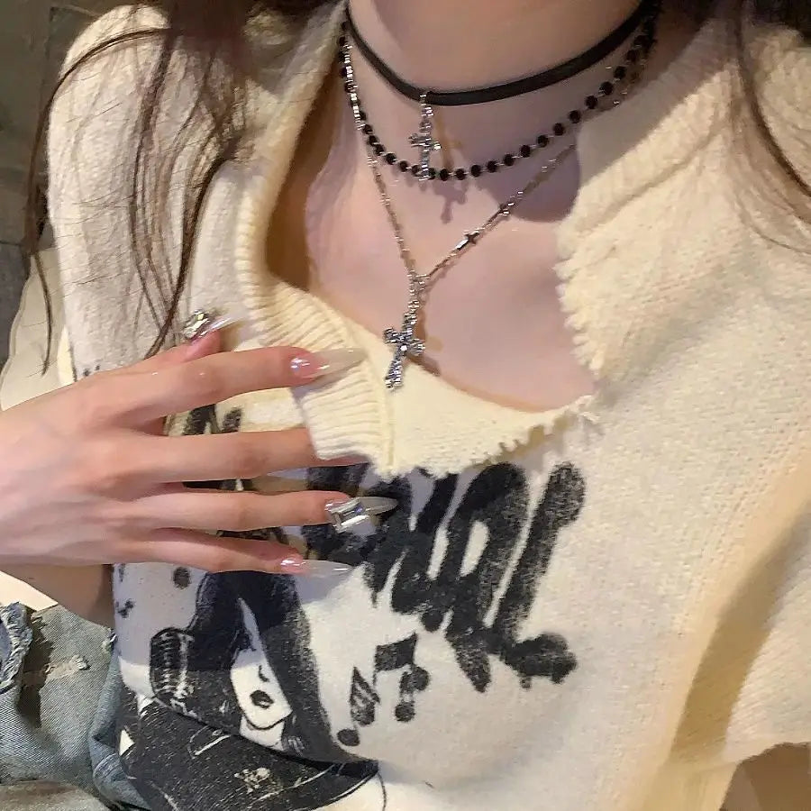 Gothische Punk-Y2K-Halskette mit Metallkreuz-Anhänger für Damen und Herren, Vintage mehrlagige Perlenkette, 90er-EMO-Charmschmuck, Geschenk
