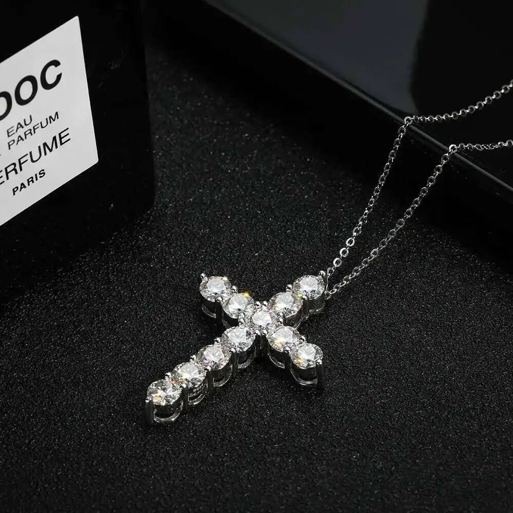 Voller Moissanit-Kreuzanhänger, Original Sterg Silberkette, weißvergoldet, feine Halskette für Damen, Schmuck
