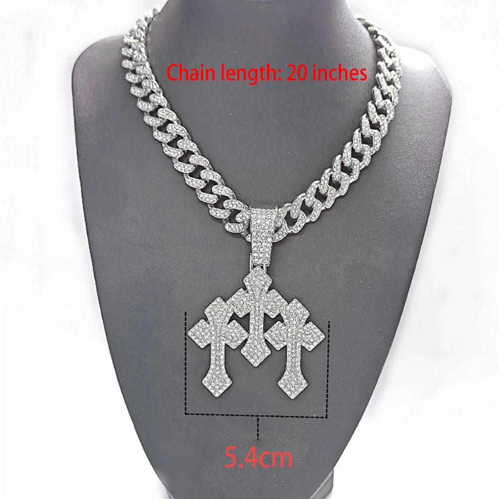 Neue „Iced-Out“ Halskette mit gestapelten Kreuzanhängern für Herren, mit 13 mm Cuban-Kette, Hip-Hop-Kreuz mit Strasssteinen, Schmuckanhänger, Geschenk