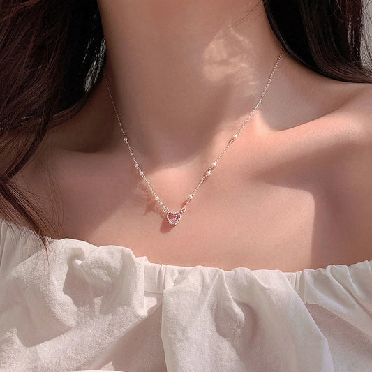 Koreanische Halskette mit rosa Herzform für Damen, modischer glänzender Kristallanhänger, Strasskette, Party-ästhetischer Schmuck, Geschenk
