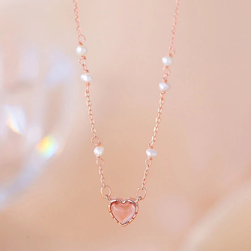 Koreanische Halskette mit rosa Herzform für Damen, modischer glänzender Kristallanhänger, Strasskette, Party-ästhetischer Schmuck, Geschenk