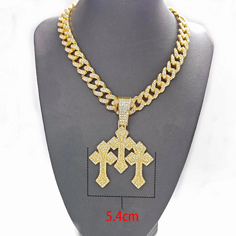 Neue „Iced-Out“ Halskette mit gestapelten Kreuzanhängern für Herren, mit 13 mm Cuban-Kette, Hip-Hop-Kreuz mit Strasssteinen, Schmuckanhänger, Geschenk