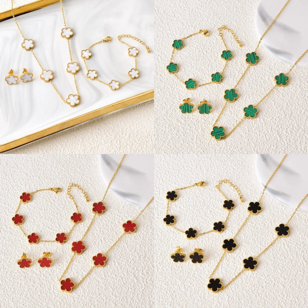 Heiße Schmuck-Verkäufe: Edelstahl-Fünfblatt-Blumen-Halskette, Armband- und Ohrring-Set, hochwertig wirkender Damen-Kleeblatt-Schmuck, Party-Schmuck