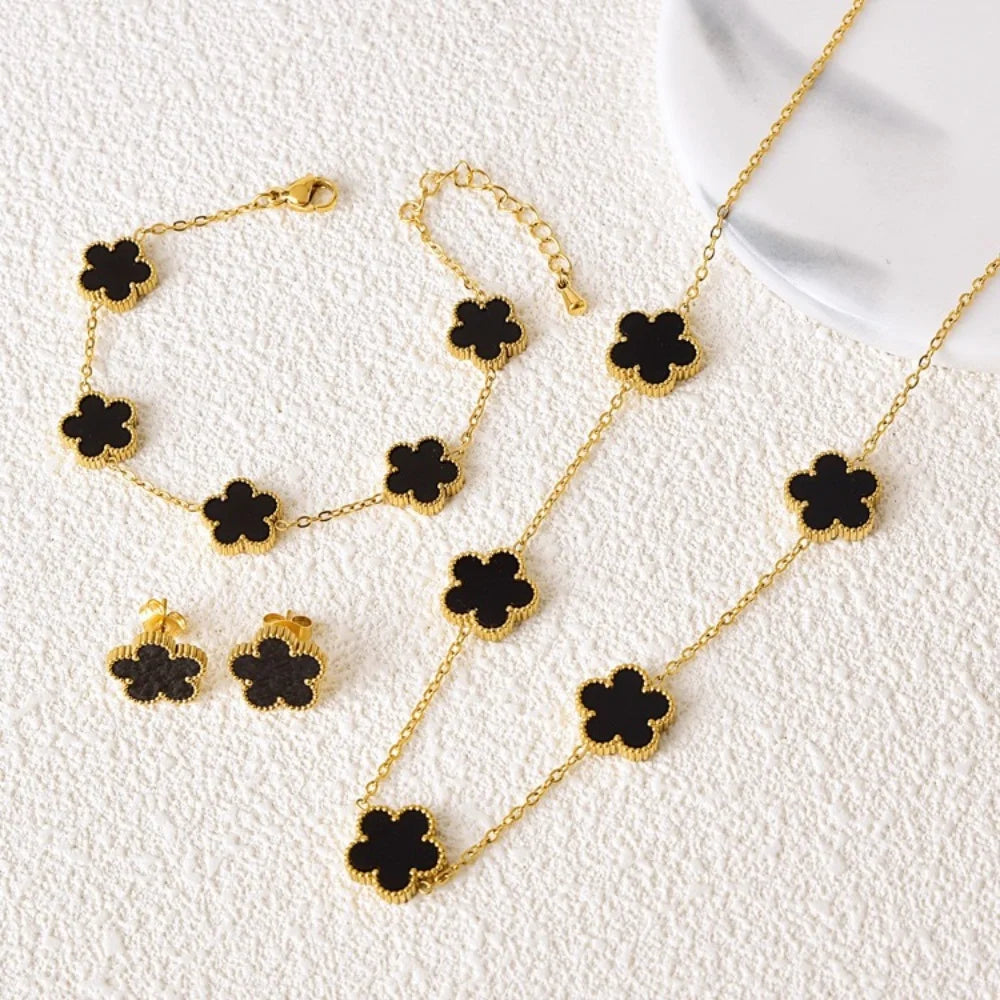 Heiße Schmuck-Verkäufe: Edelstahl-Fünfblatt-Blumen-Halskette, Armband- und Ohrring-Set, hochwertig wirkender Damen-Kleeblatt-Schmuck, Party-Schmuck