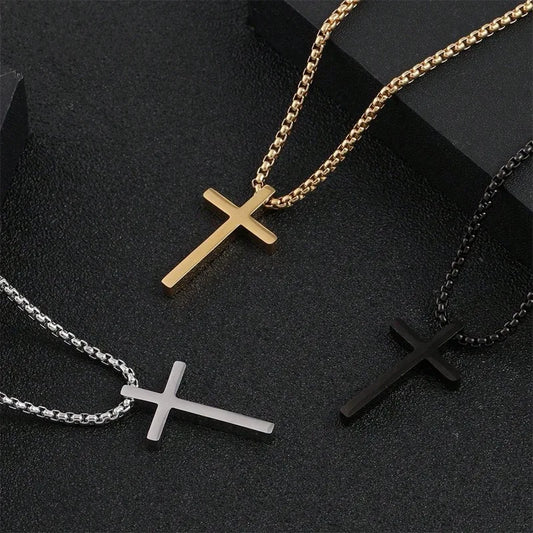 Edelstahl-Kreuzhalskette für Herren und Jungen, silberfarbener schlichter Kreuzanhänger, klassische Hip-Hop-Punk-Schmuck, Geschenk