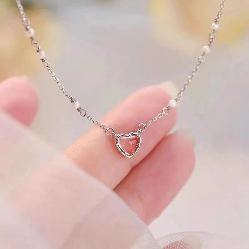 Koreanische Halskette mit rosa Herzform für Damen, modischer glänzender Kristallanhänger, Strasskette, Party-ästhetischer Schmuck, Geschenk