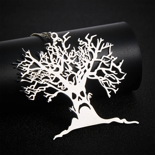 2025 Halloween gruseliger Baum-Anhänger, exquisites Edelstahl „Baum des Lebens“ Halskette, Ketten-Halskette, Punk Hip-Hop lustiger Schmuck