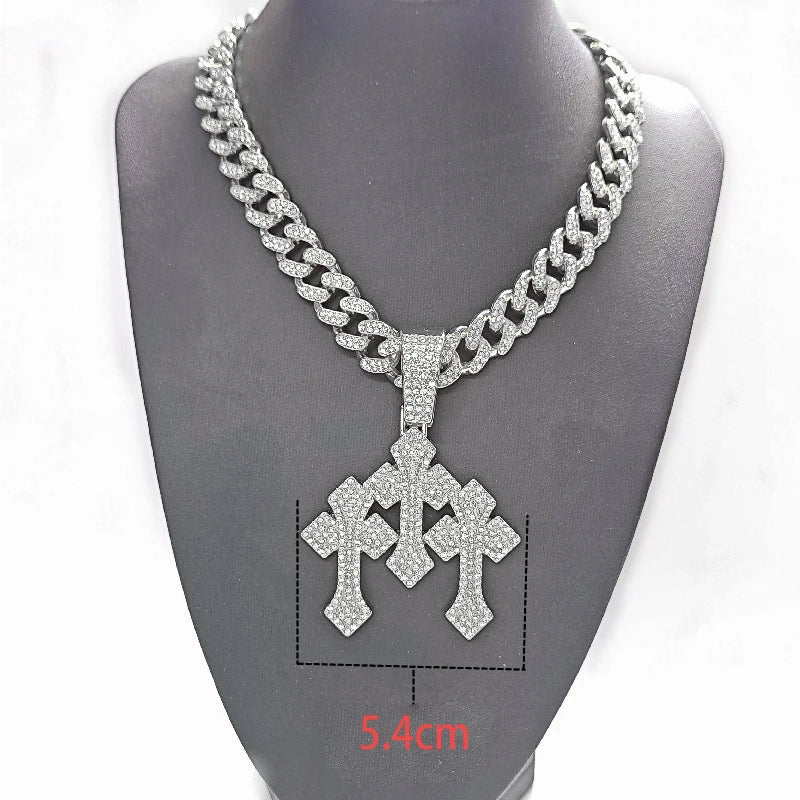 Neue „Iced-Out“ Halskette mit gestapelten Kreuzanhängern für Herren, mit 13 mm Cuban-Kette, Hip-Hop-Kreuz mit Strasssteinen, Schmuckanhänger, Geschenk