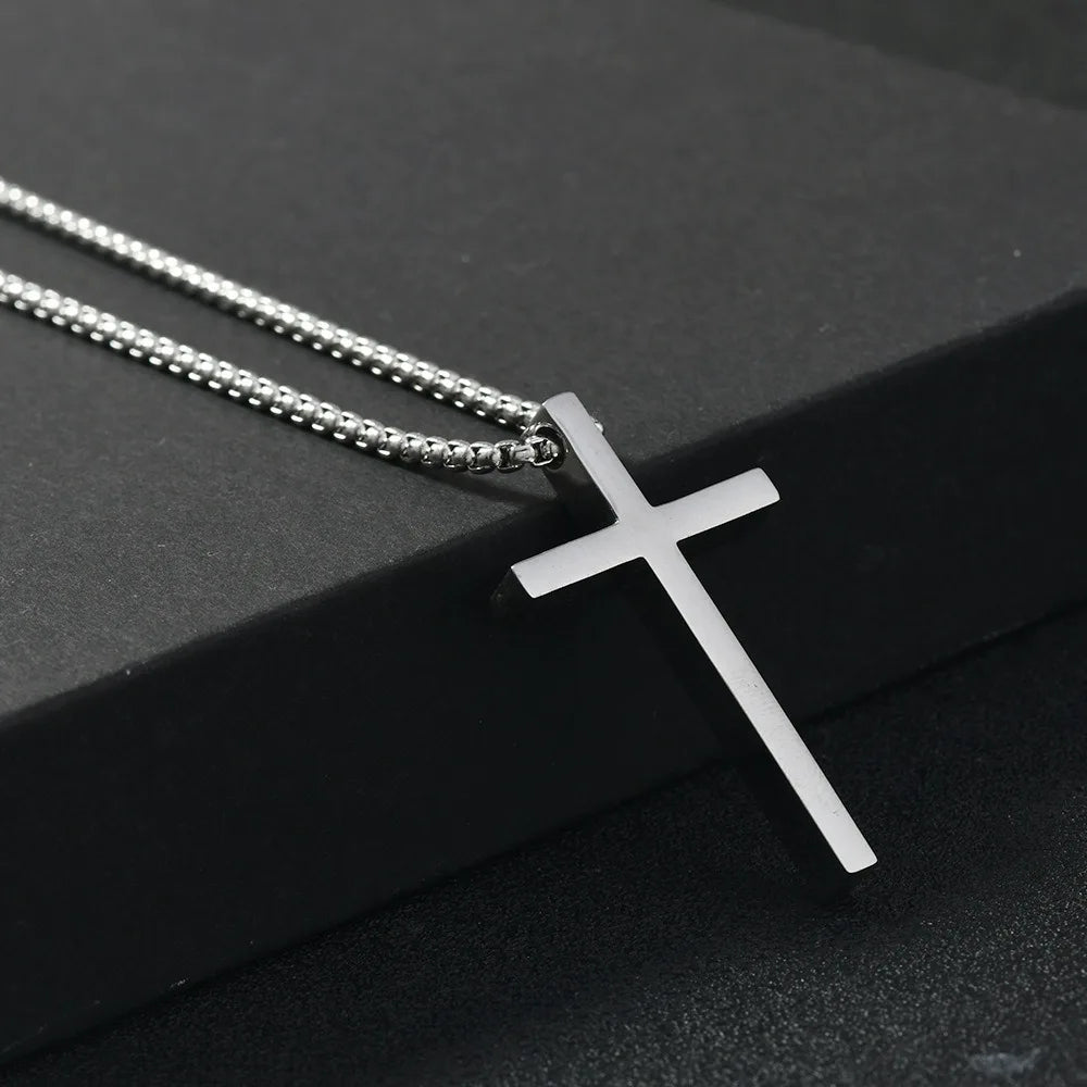 Edelstahl-Kreuzhalskette für Herren und Jungen, silberfarbener schlichter Kreuzanhänger, klassische Hip-Hop-Punk-Schmuck, Geschenk