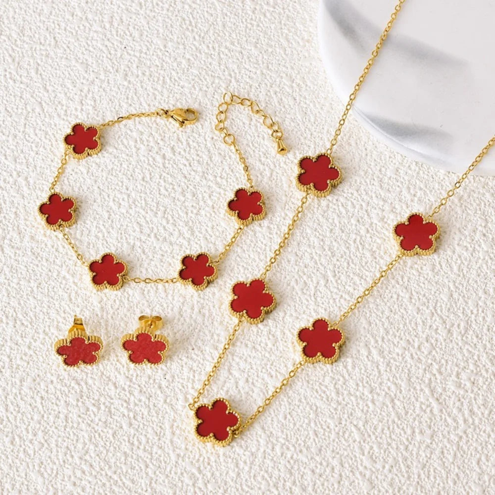 Heiße Schmuck-Verkäufe: Edelstahl-Fünfblatt-Blumen-Halskette, Armband- und Ohrring-Set, hochwertig wirkender Damen-Kleeblatt-Schmuck, Party-Schmuck