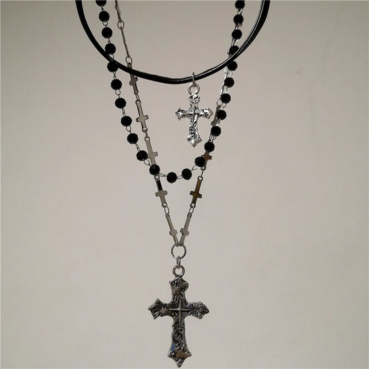 Gothische Punk-Y2K-Halskette mit Metallkreuz-Anhänger für Damen und Herren, Vintage mehrlagige Perlenkette, 90er-EMO-Charmschmuck, Geschenk