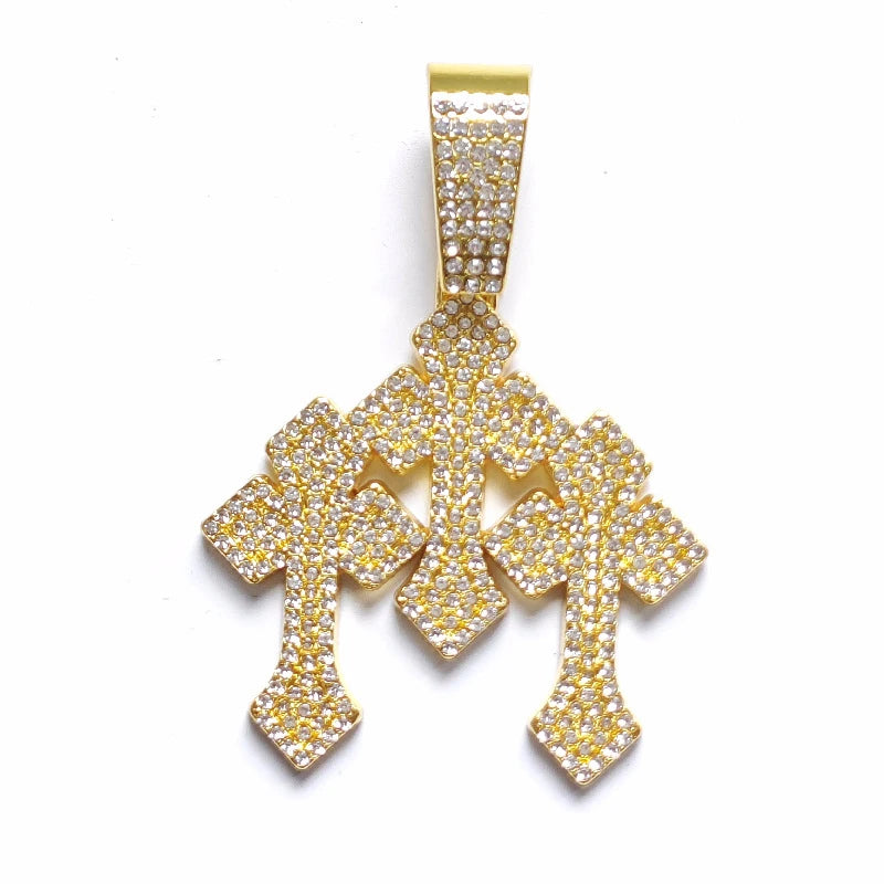 Neue „Iced-Out“ Halskette mit gestapelten Kreuzanhängern für Herren, mit 13 mm Cuban-Kette, Hip-Hop-Kreuz mit Strasssteinen, Schmuckanhänger, Geschenk