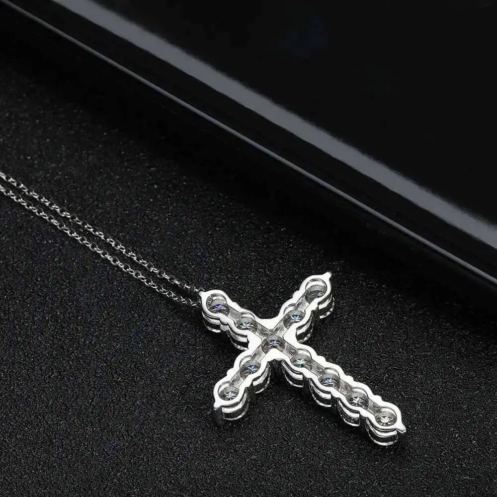 Voller Moissanit-Kreuzanhänger, Original Sterg Silberkette, weißvergoldet, feine Halskette für Damen, Schmuck