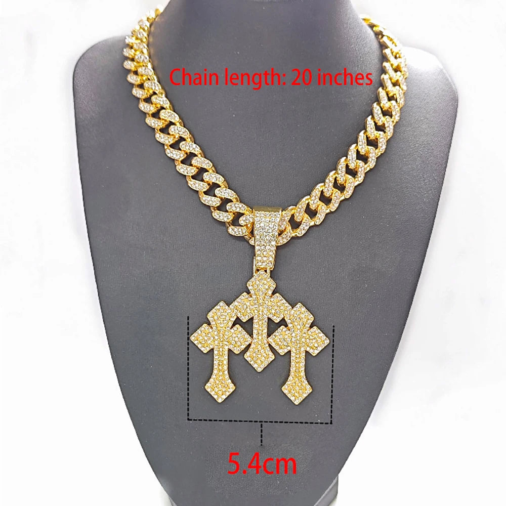 Neue „Iced-Out“ Halskette mit gestapelten Kreuzanhängern für Herren, mit 13 mm Cuban-Kette, Hip-Hop-Kreuz mit Strasssteinen, Schmuckanhänger, Geschenk