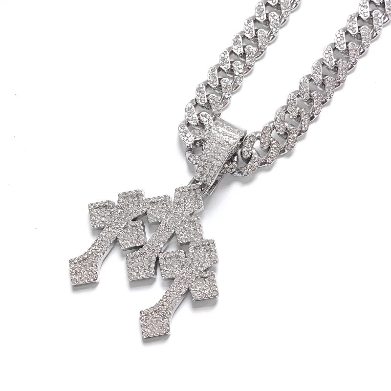 Neue „Iced-Out“ Halskette mit gestapelten Kreuzanhängern für Herren, mit 13 mm Cuban-Kette, Hip-Hop-Kreuz mit Strasssteinen, Schmuckanhänger, Geschenk