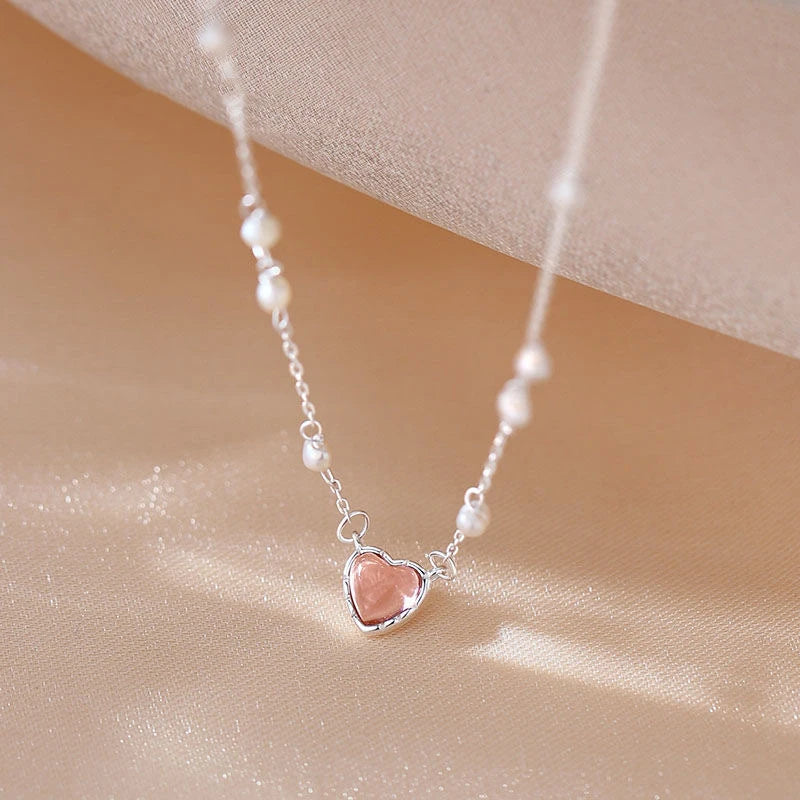 Koreanische Halskette mit rosa Herzform für Damen, modischer glänzender Kristallanhänger, Strasskette, Party-ästhetischer Schmuck, Geschenk