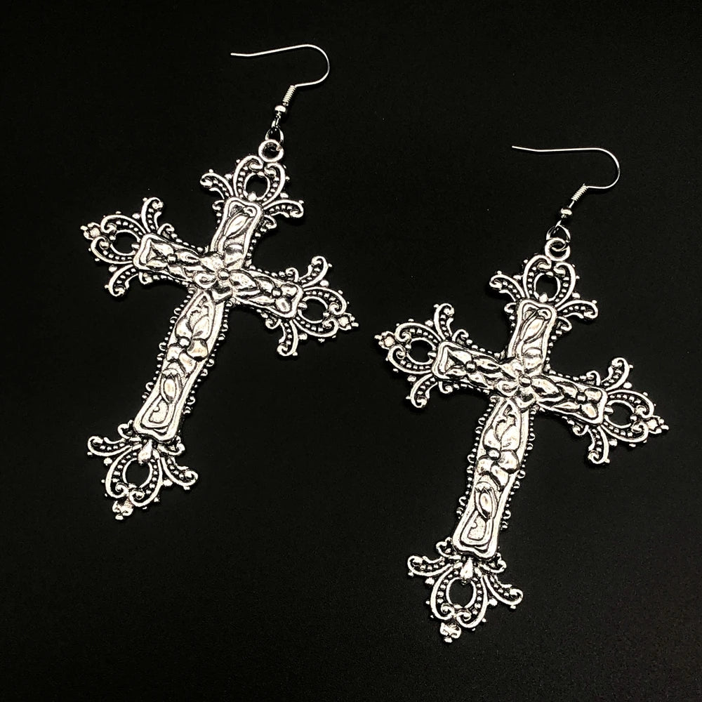Große, detaillierte Kreuz-Bohranhänger-Halskette im silberfarbenen Ton, Gothic-Punk-Schmuck, modisches Statement-Accessoire, Geschenk für Frauen (Rot)